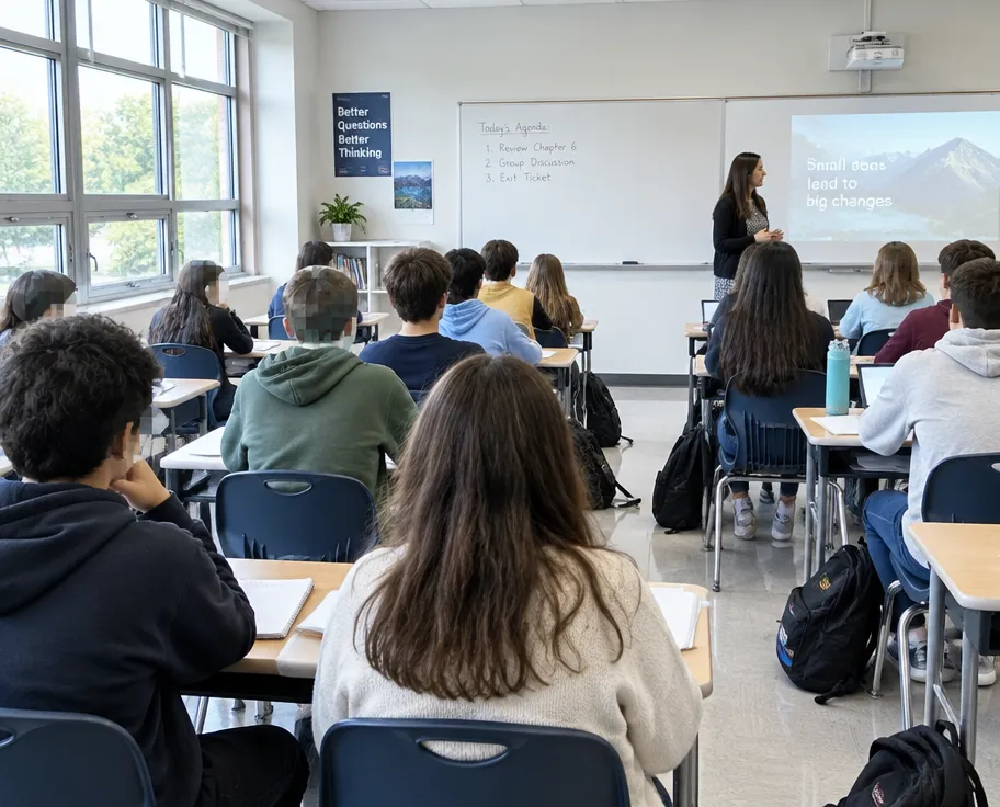 Classroom recording with several students' faces blurred