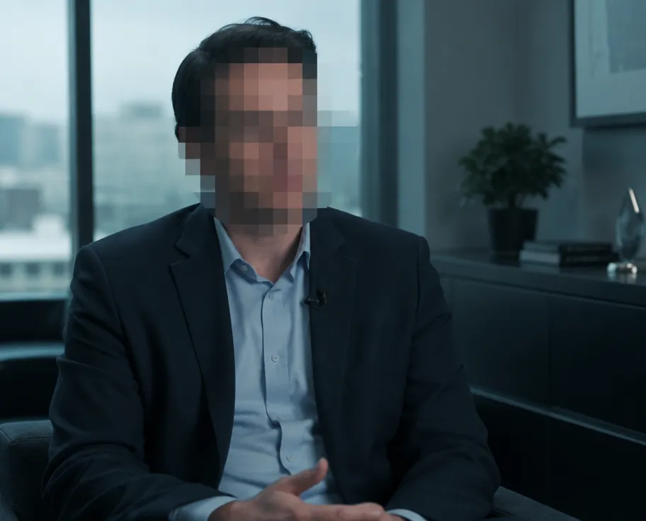 Interview footage with the speaker's face pixelated