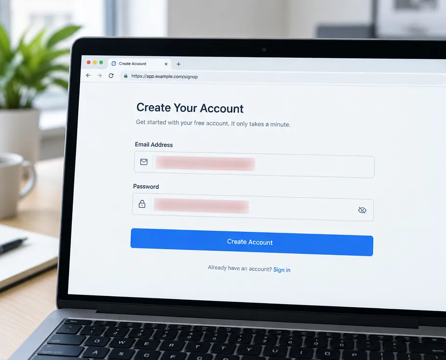 Sign-up form with the email and password fields blurred